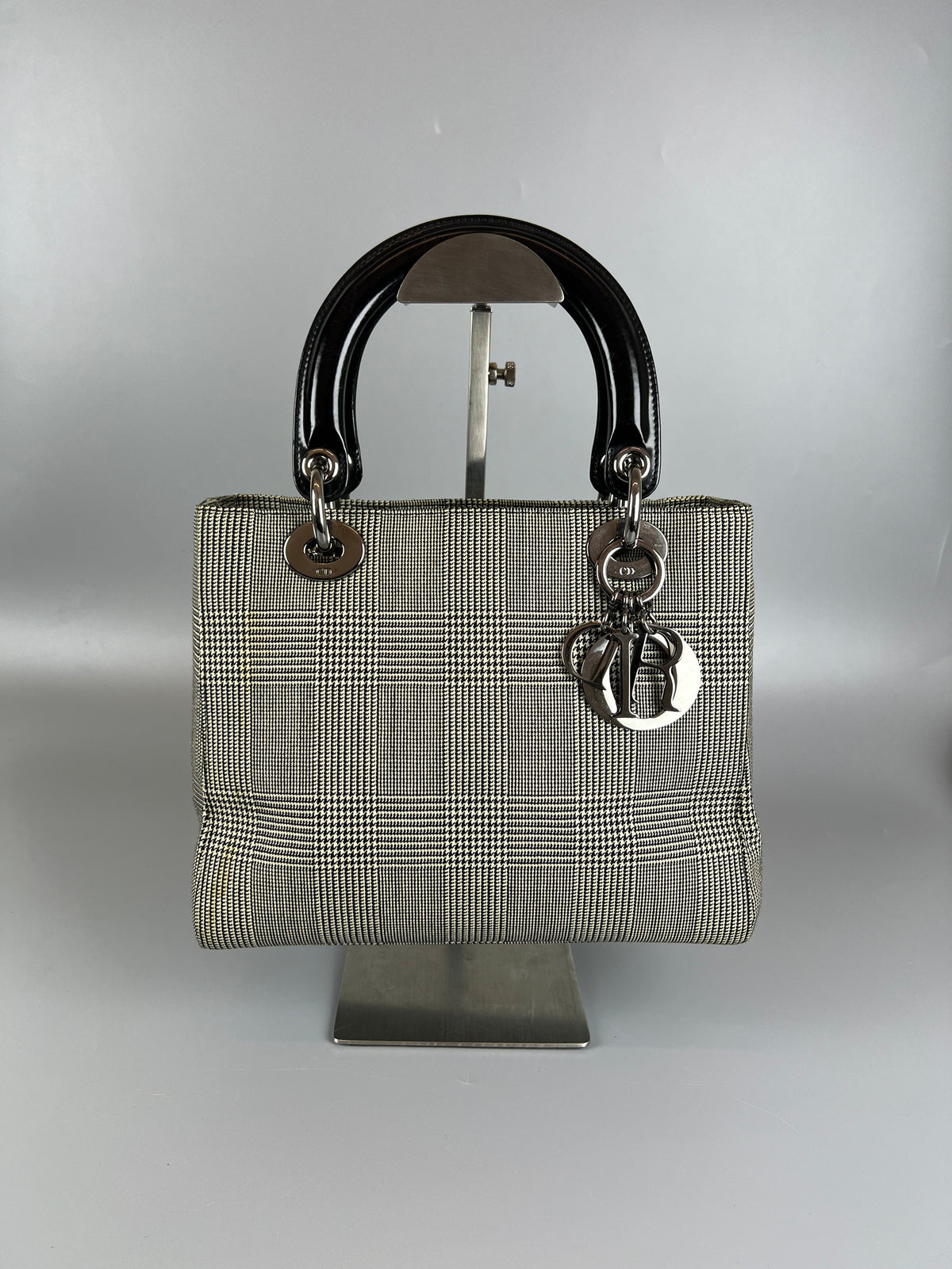 DIOR  Lady Dior Medium Houndstooth Black White Canvas Handbag