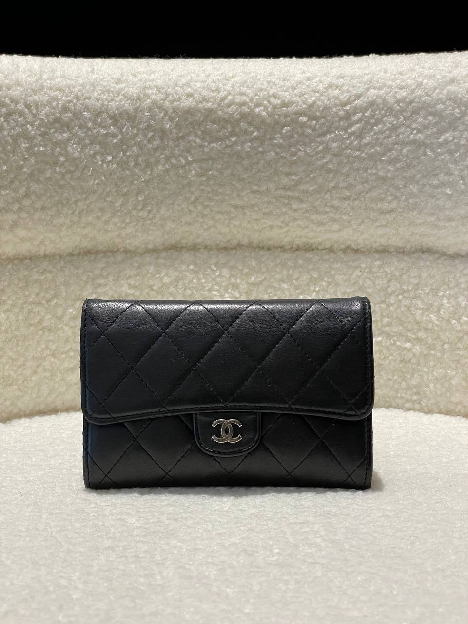 CHANEL Quilted Lambskin Flap Silver Hardware Long Wallet