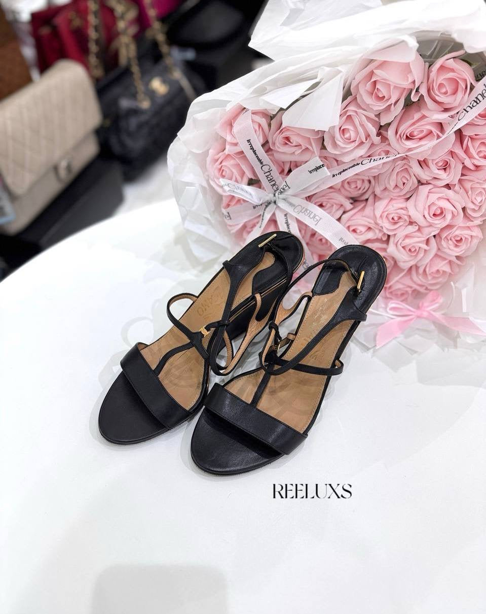 Salvatore Ferragamo Black Leather T-Strap Ankle Sandals