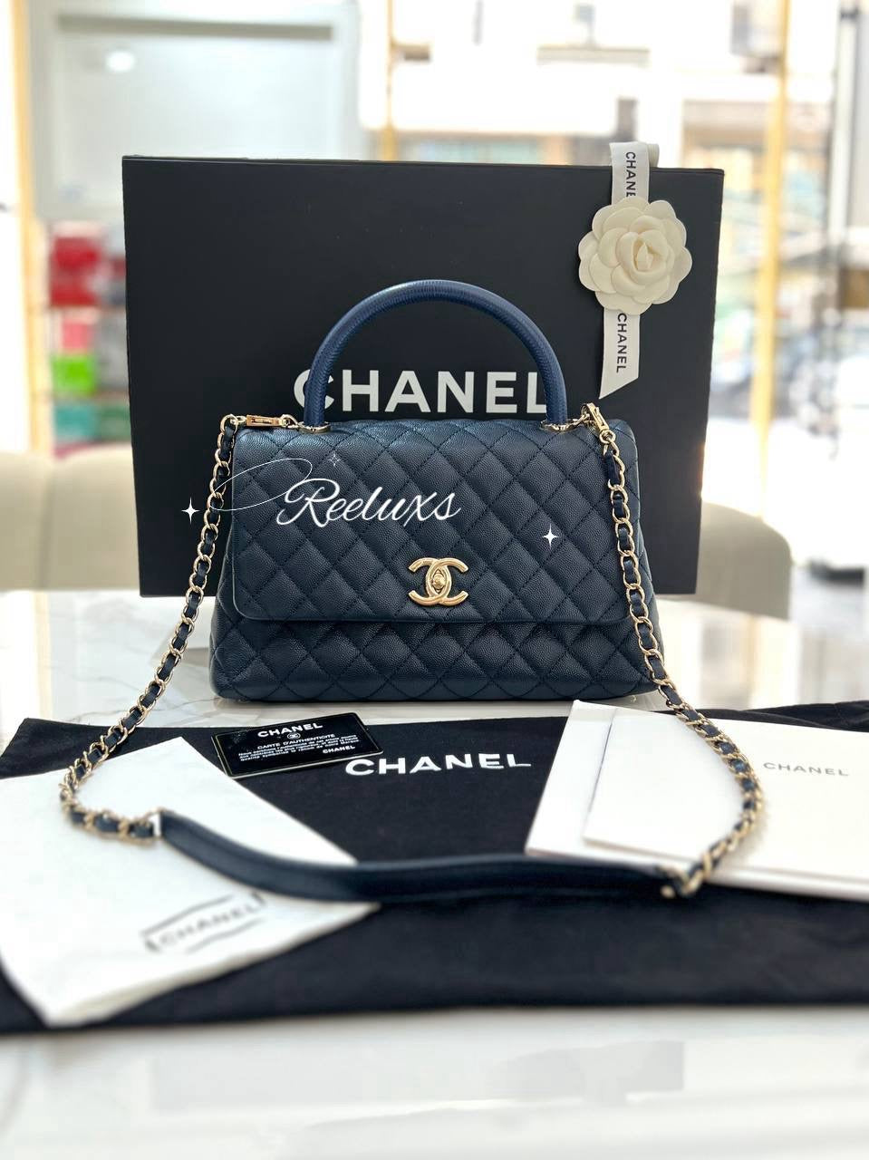FULL SET CHANEL Coco Handle Bag In Navy Blue Quilted Caviar Leather