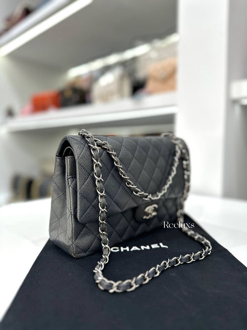 CHANEL Classic Flap Bag Grey Quilted Caviar SHW