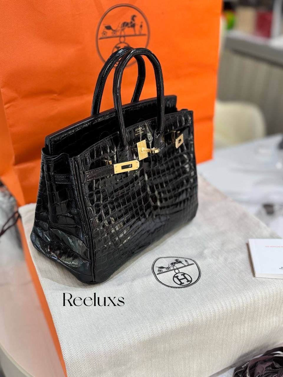FULL SET As New HERMES Birkin 25 Black Crocodile Shiny Porosus Gold Hardware Handbag ( GHW )