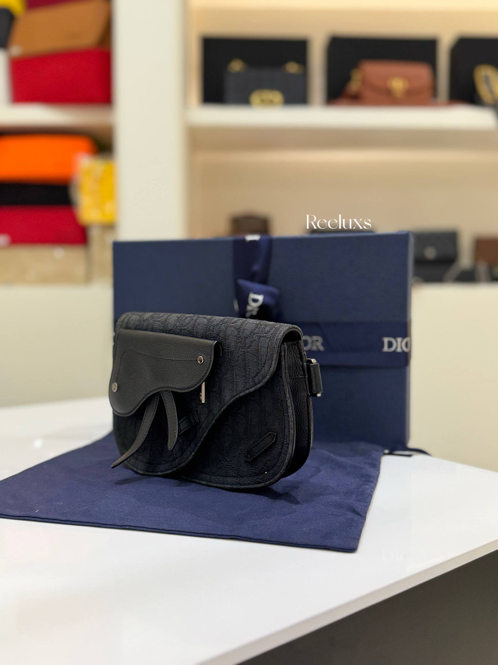 CHRISTIAN DIOR Saddle Messenger Bag Black Oblique Jacquard Canvas and Tonal Grained Calfskin Flap