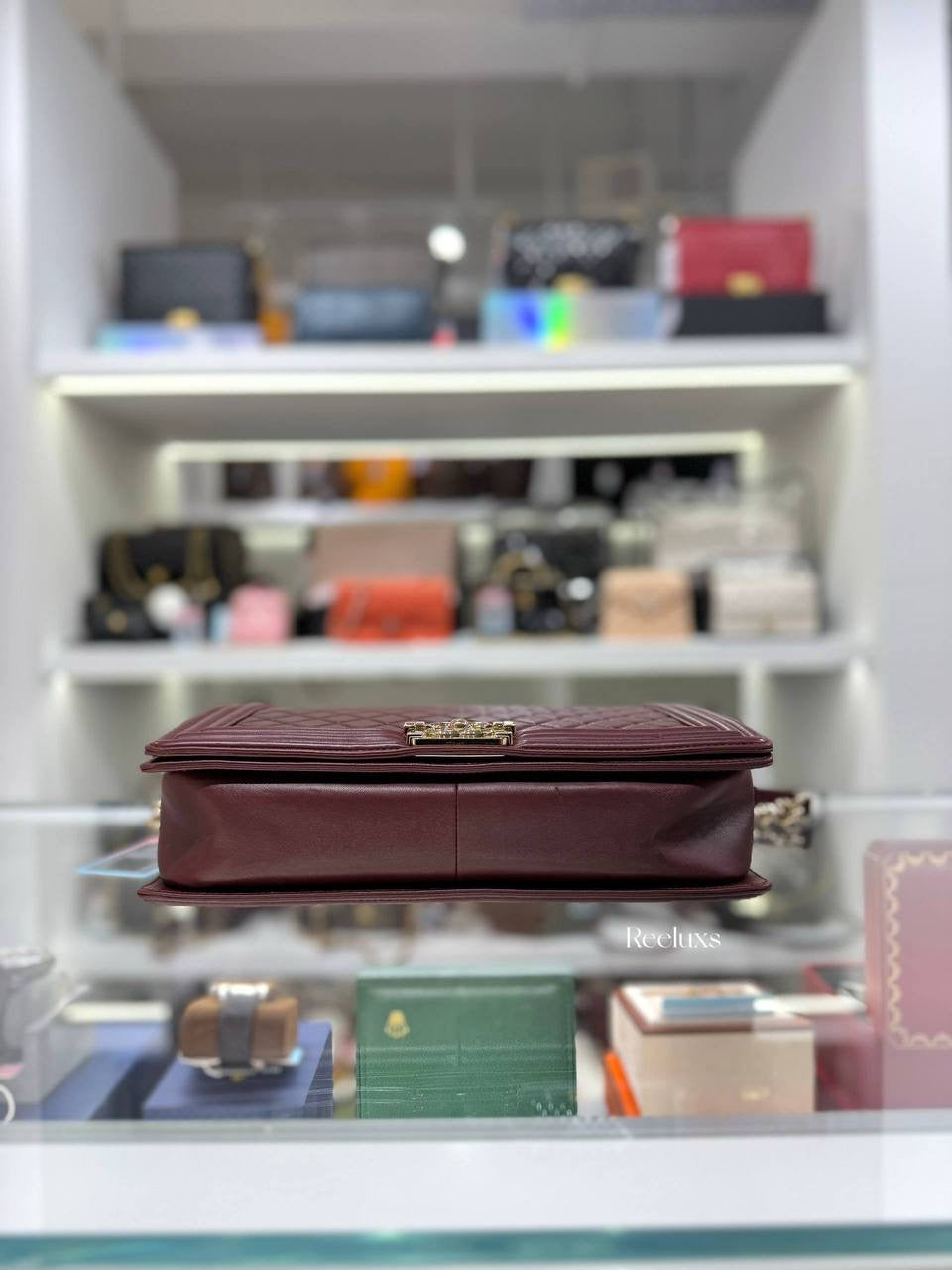 CHANEL Boy Flap Bag in Burgundy Quilted Leather with Gold-Tone Hardware