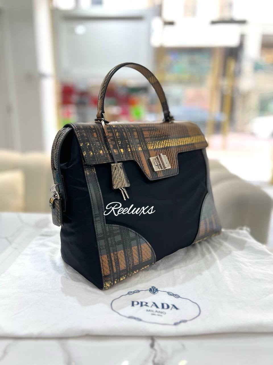 PRADA Tartan Print Tessuto Nylon & Saffiano Leather Satchel Cammello Tote Handbag