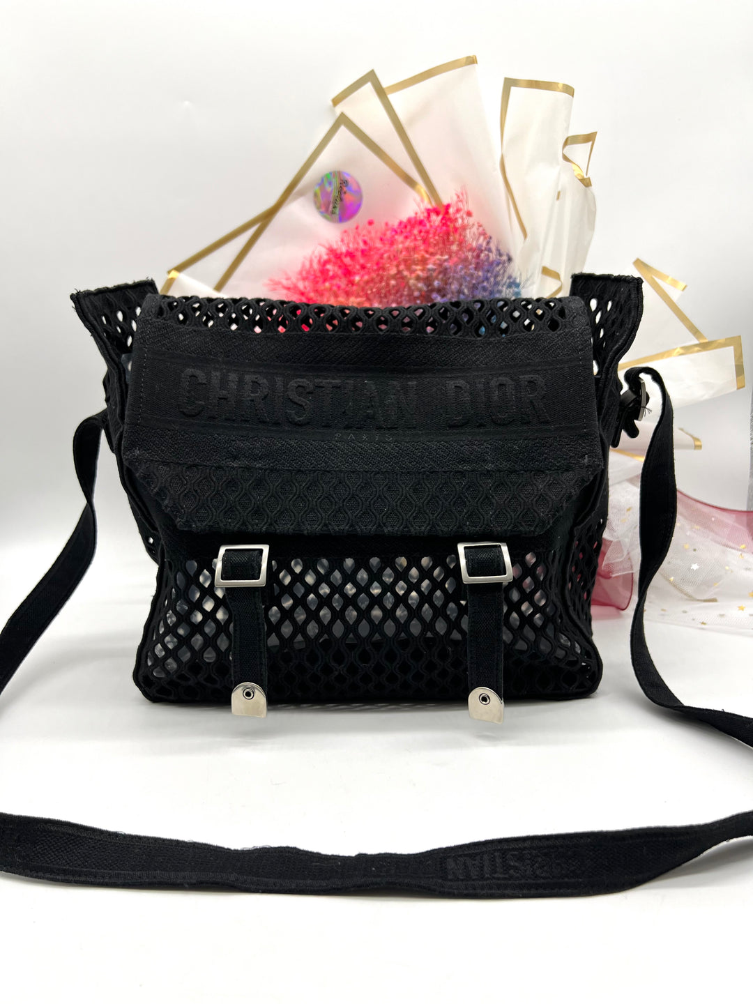 CHRISTIAN DIOR Canvas Embroidered Mesh Diorcamp Messenger Black