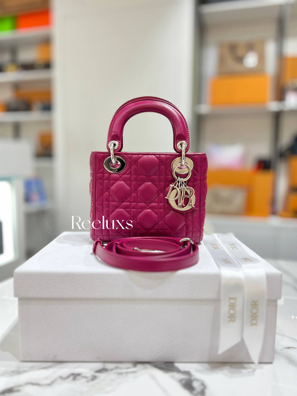 CHRISTIAN DIOR Lady Dior Pink Mini Lambskin Cannage Handbag