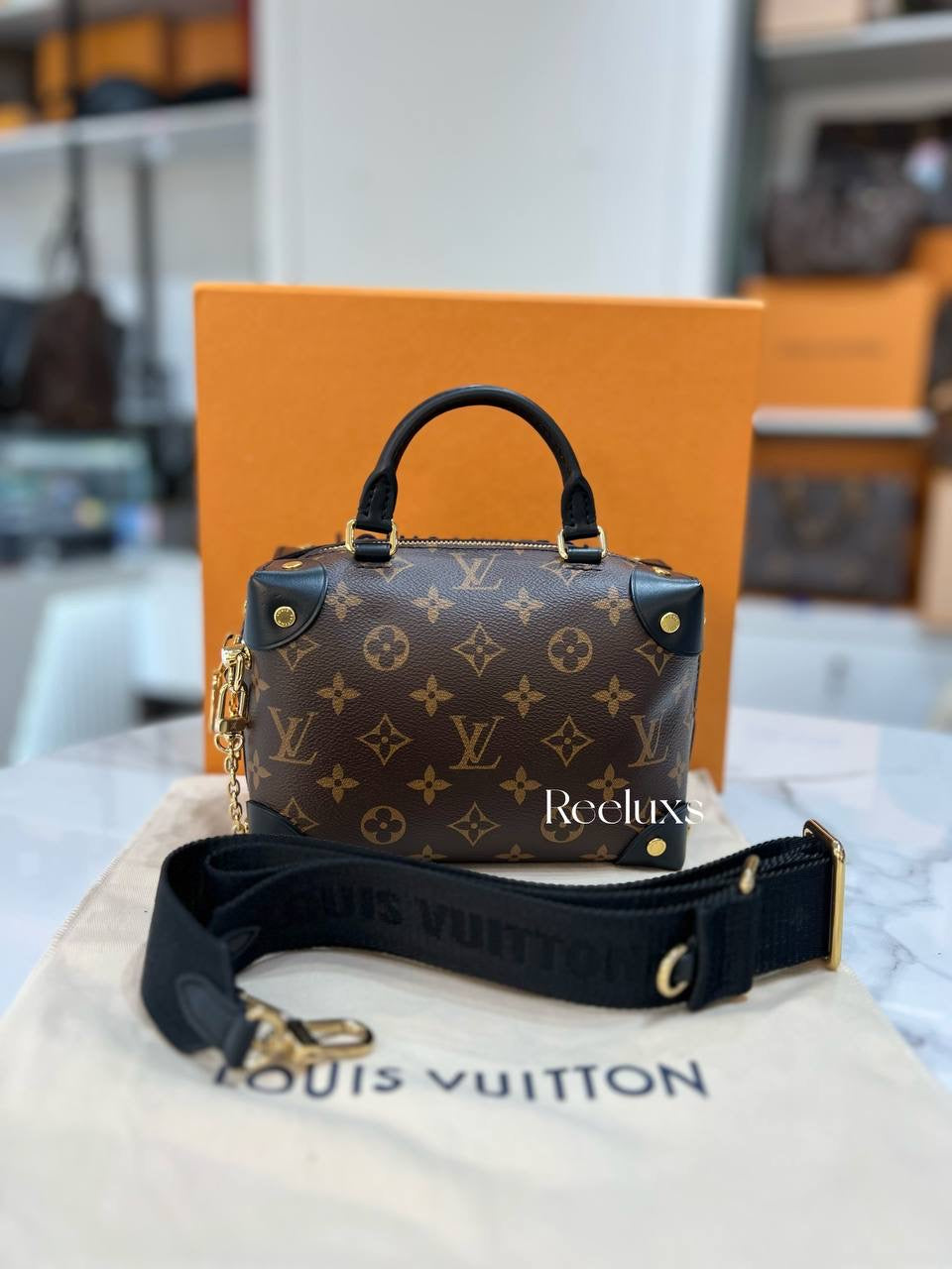 LOUIS VUITTON LV Petite Malle Souple Monogram Canvas Handbag Full set