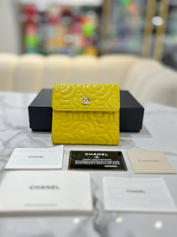 FULL SET CHANEL Yellow Leather Compact Camellia Wallet