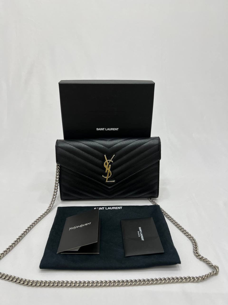 YVES SAINT LAURENT YSL Cassandre Matelasse Envelope Wallet On Chain WOC In Black