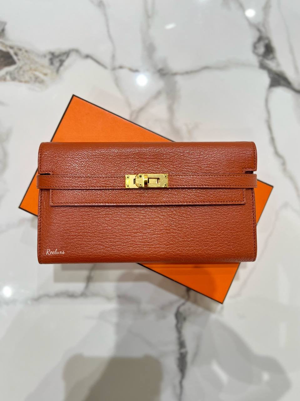 HERMES Kelly Wallet To Go Orange Epsom Gold Hardware