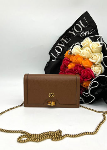 GUCCI Brown Bamboo Diana Wallet On Chain - Reeluxs 