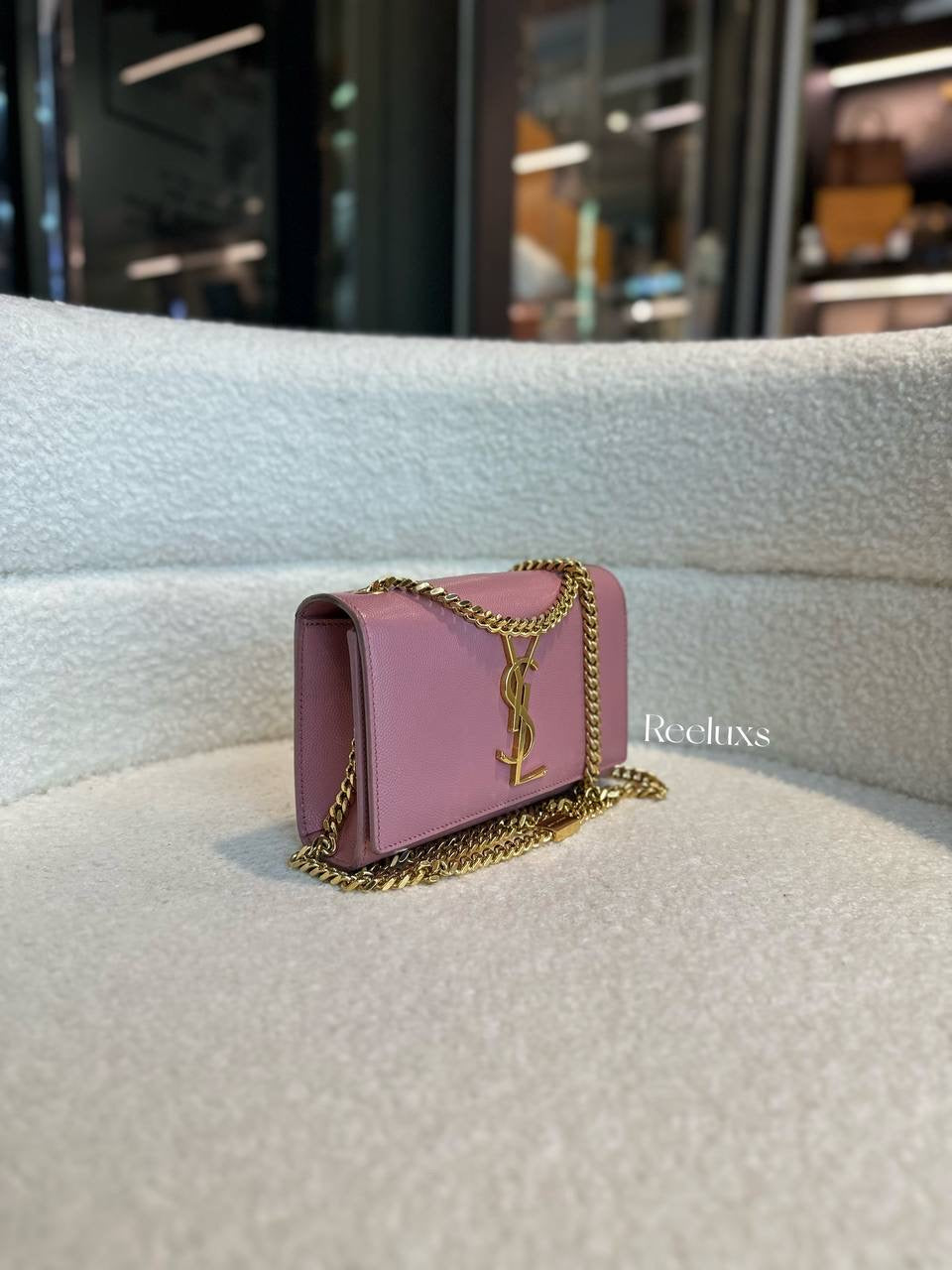 YSL SAINT LAURENT Cassandre Pink Grained Leather Gold Hardware Crossbody Bag