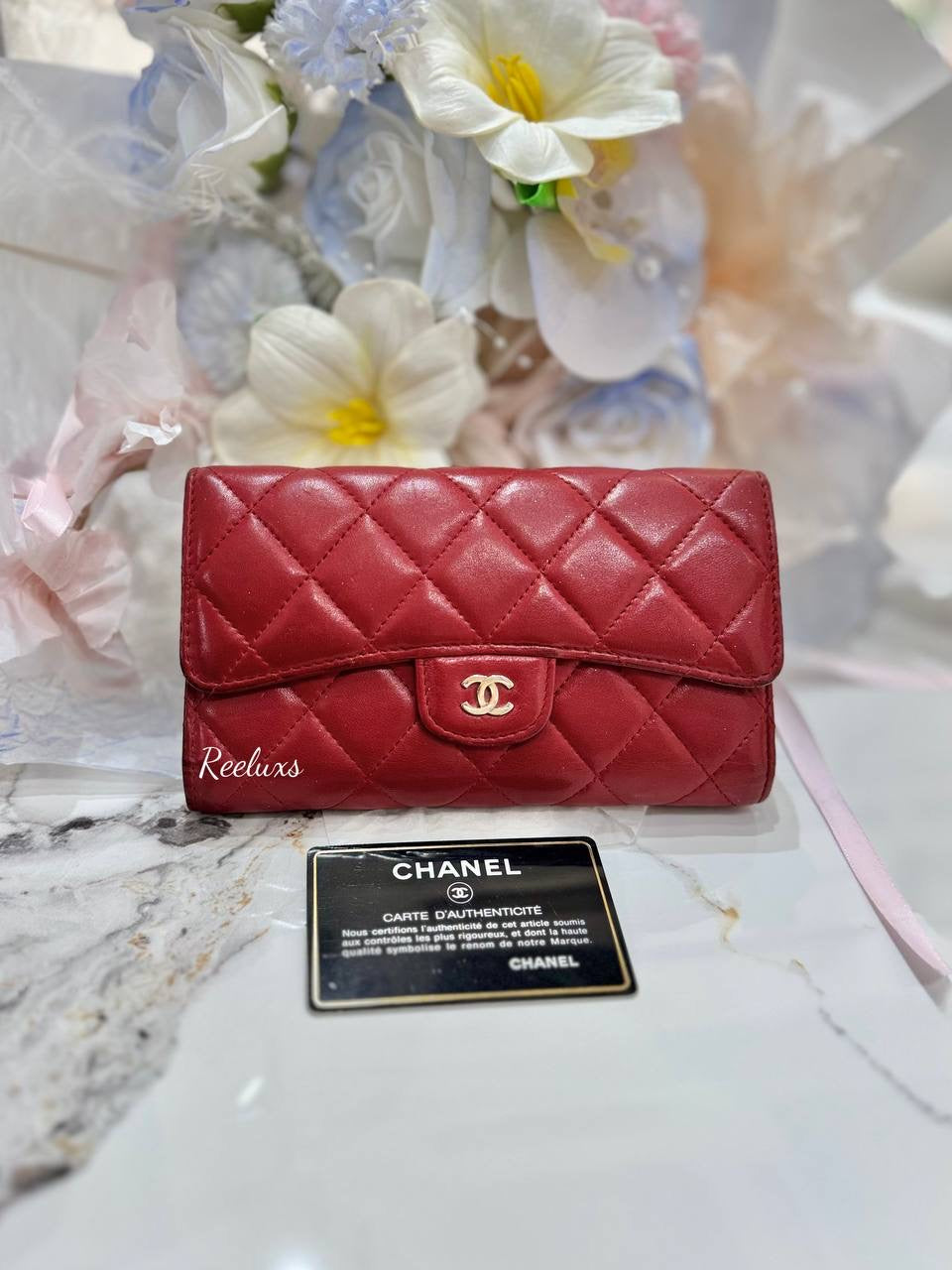 CHANEL Red Quilted  Leather Timeless/ Classique Flap Wallet