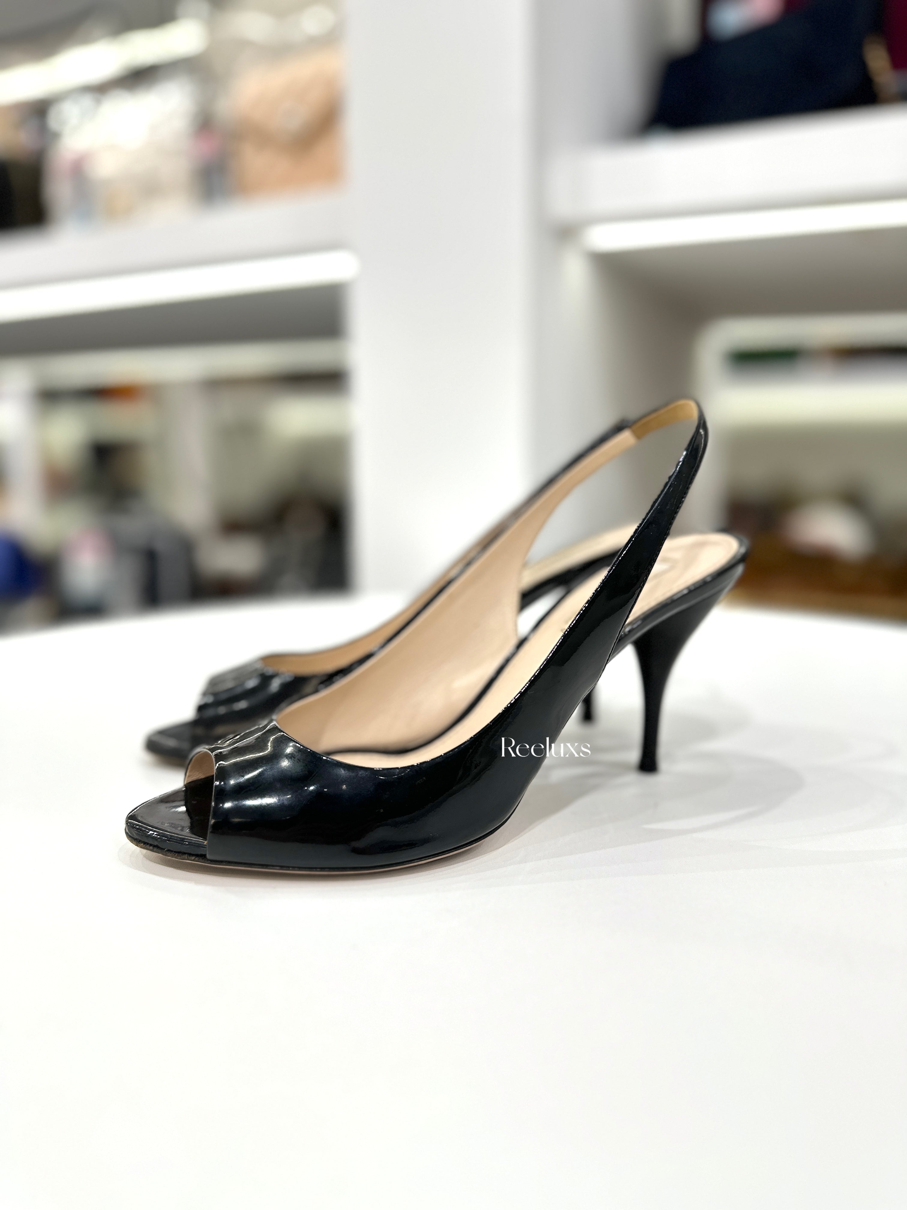 PRADA Black Patent Leather Peep-Toe Slingback Heels