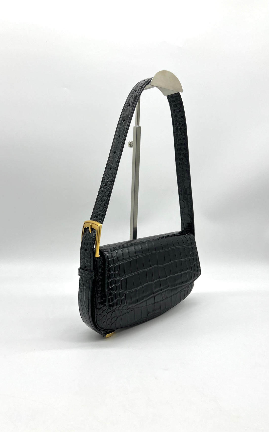 BALENCIAGA Black Crocodile Embossed Leather Ghost Sling Bag - Reeluxs 