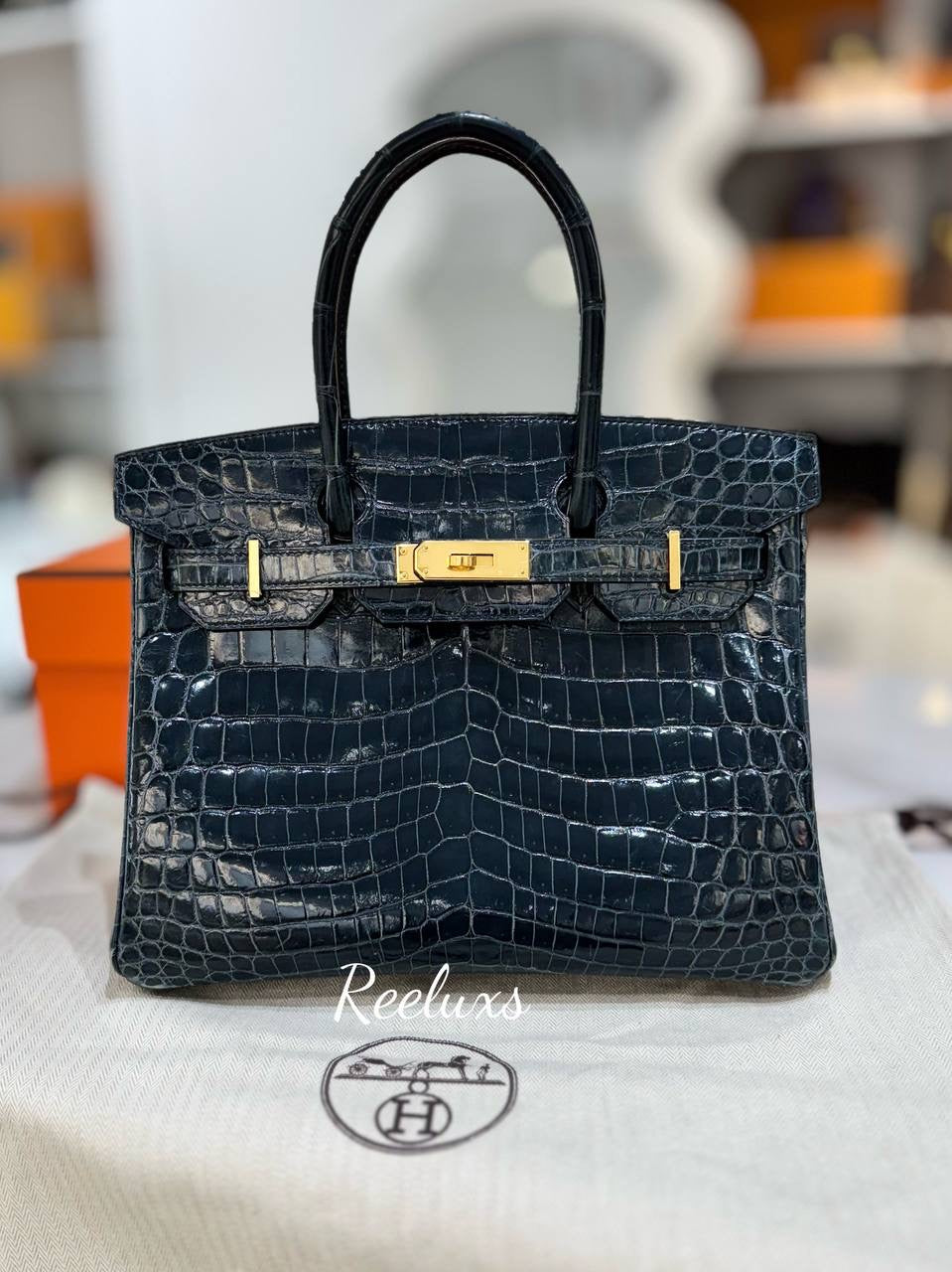 FULL SET HERMES Birkin 30 Vert Rousseau Shinny Niloticus Crocodile Gold Hardware Handbag GHW
