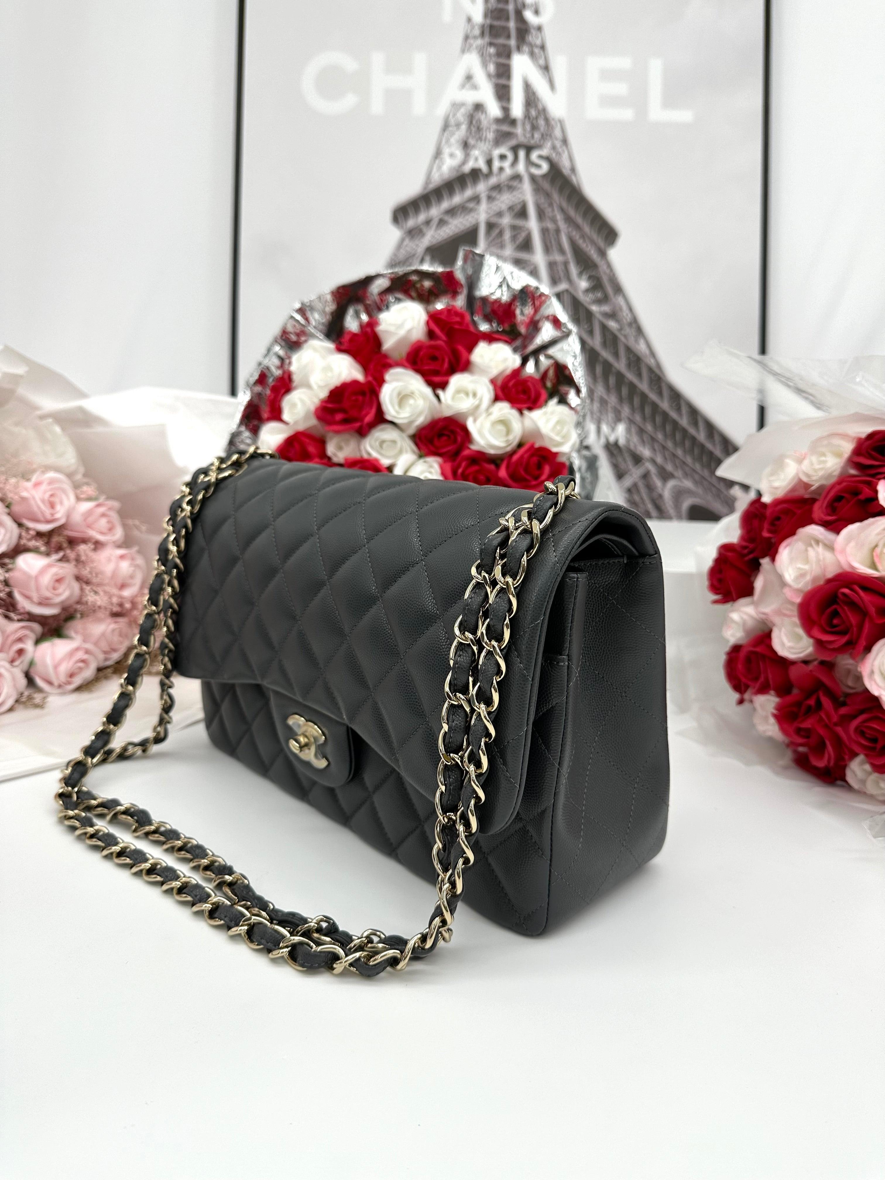 CHANEL Caviar Quilted Jumbo Double Flap Dark Grey - Reeluxs 