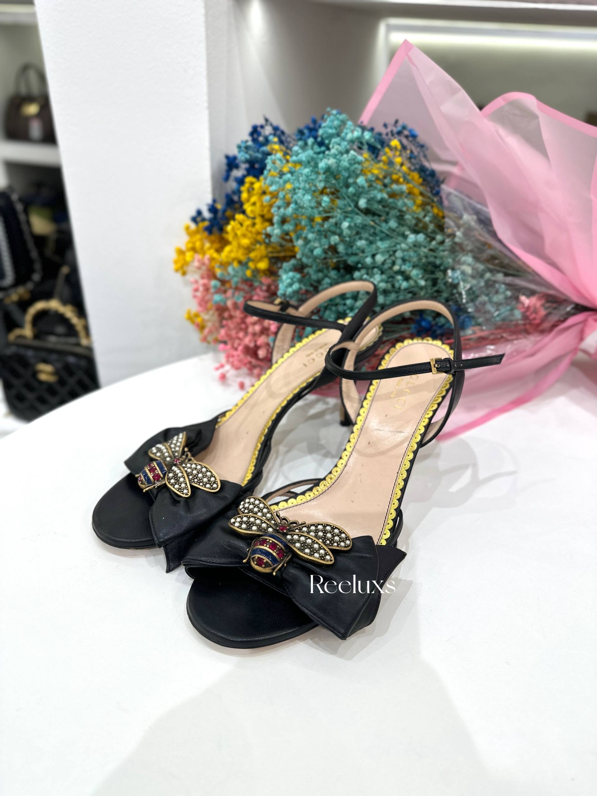 GUCCI Queen Margaret Bee Sandal In Black Leather