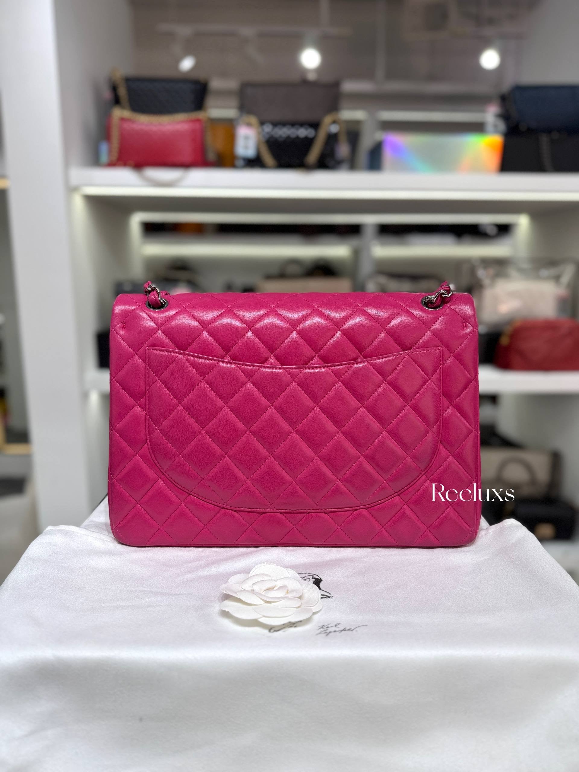CHANEL Pink Quilted Lambskin Leather Classic Jumbo Double Flap Bag Full Set
