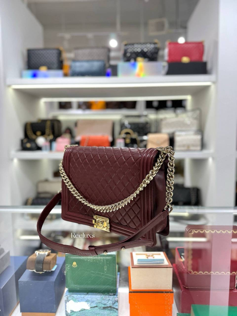 CHANEL Boy Flap Bag in Burgundy Quilted Leather with Gold-Tone Hardware