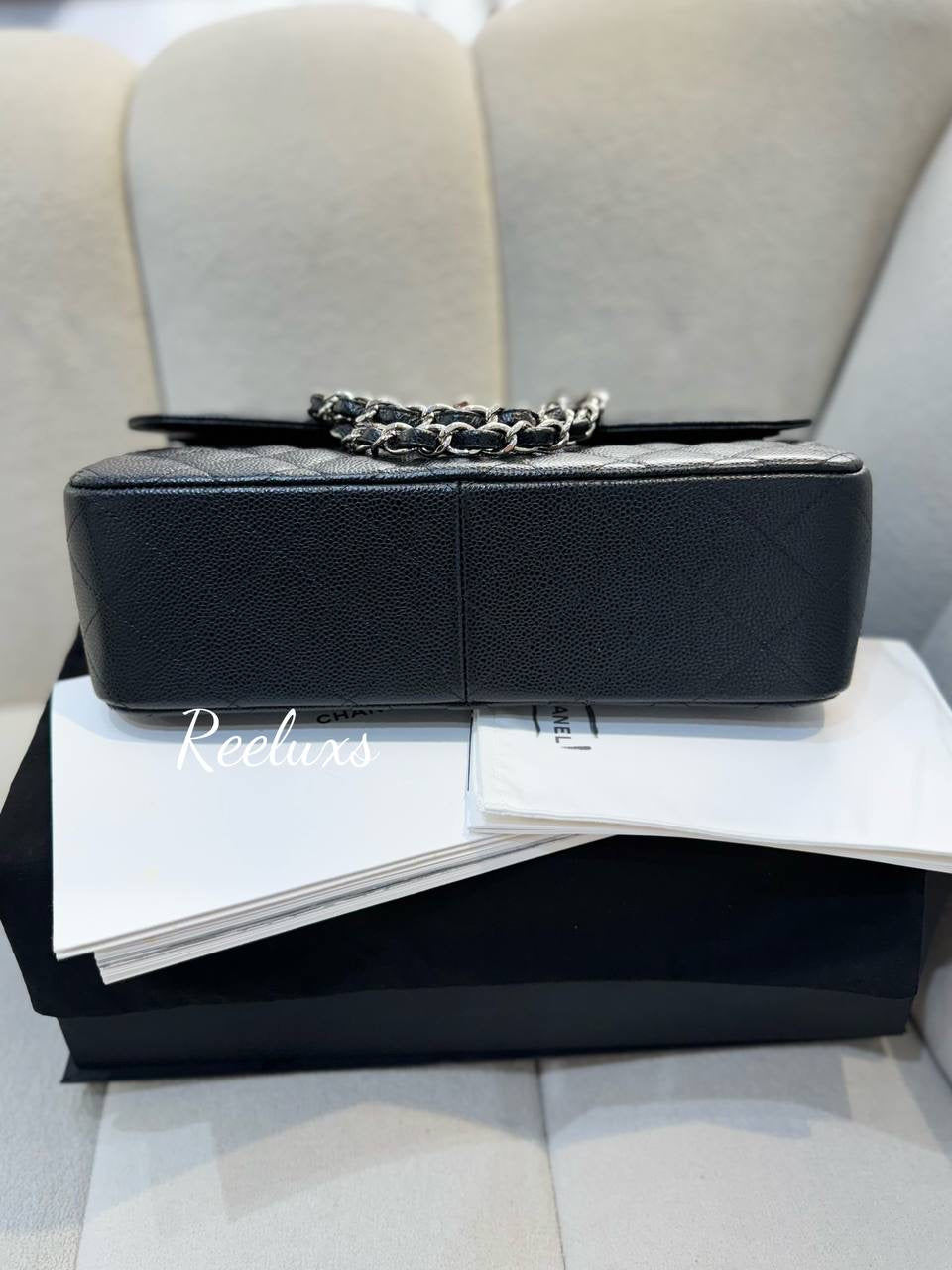 FULLSET CHANEL Jumbo Classic Double Flap Black Caviar Silver Hardware Shoulder Bag For Women