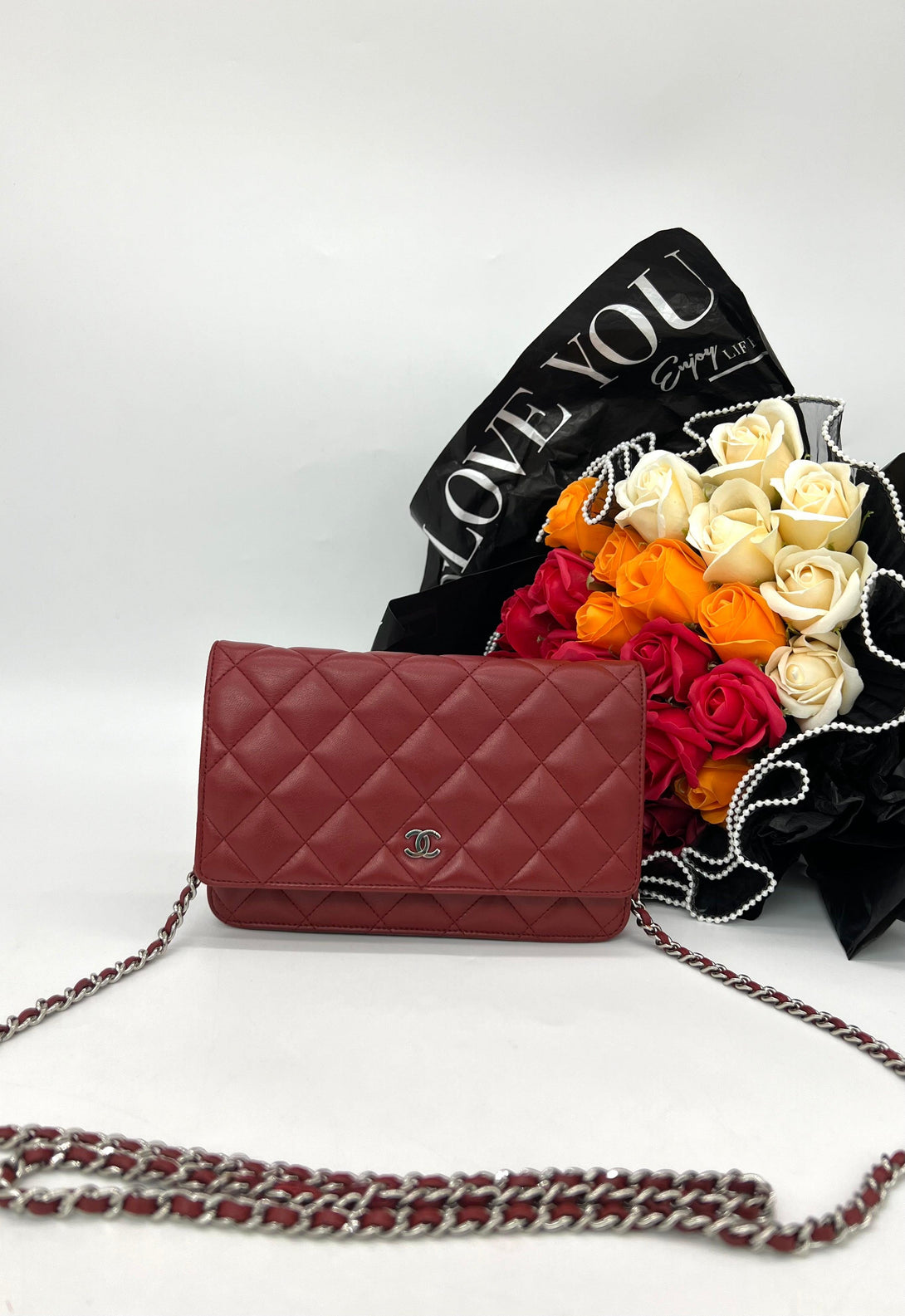 CHANEL Matelasse Chain wallet Lambskin Red Silver Hardware - Reeluxs 