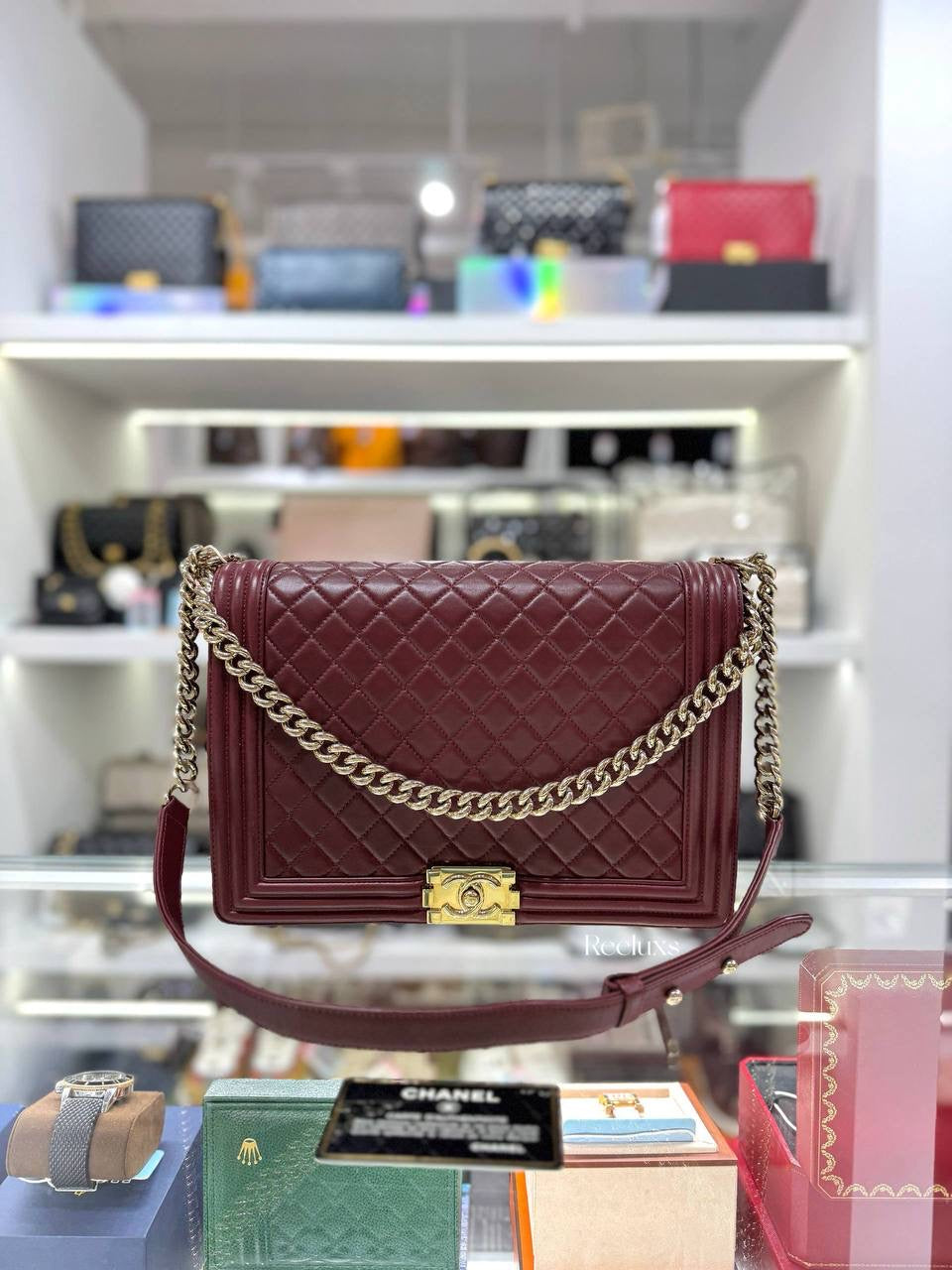 CHANEL Boy Flap Bag in Burgundy Quilted Leather with Gold-Tone Hardware