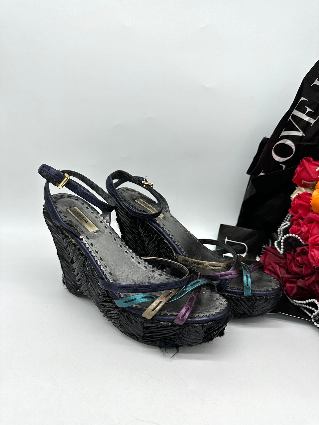 PRADA Metallic Multicolor Leather Strappy Platform Sandals Size 381/2 - Reeluxs 