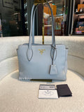 PRADA Phenix Open Tote in Grey Vitello Daino Leather Blue