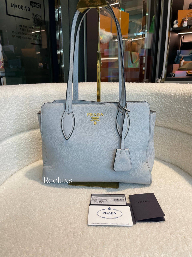 PRADA Phenix Open Tote in Grey Vitello Daino Leather Blue