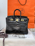 FULL SET As New HERMES Birkin 25 Black Crocodile Shiny Porosus Gold Hardware Handbag ( GHW )