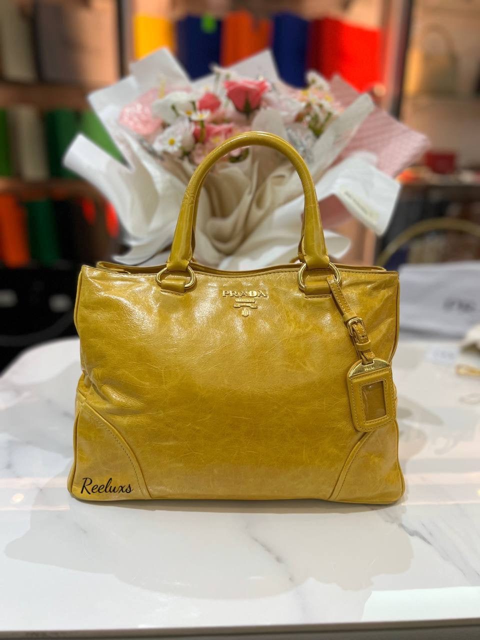 PRADA Yellow Vitello Shine Tote Hand Bag / Shoulder Bag ( 2- Way )