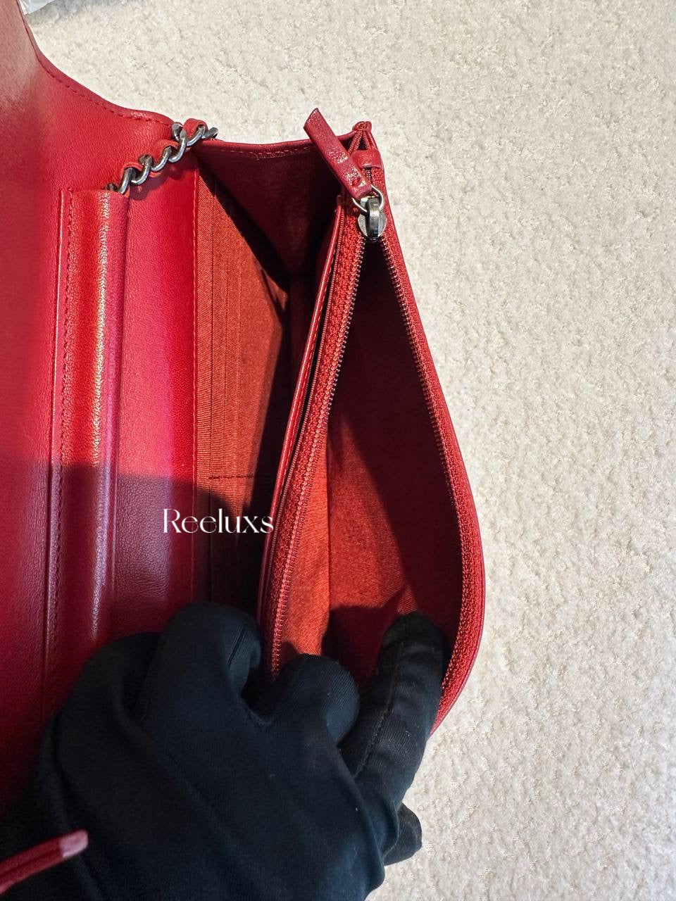 CHANEL Red Lambskin  Boy Wallet On Chain