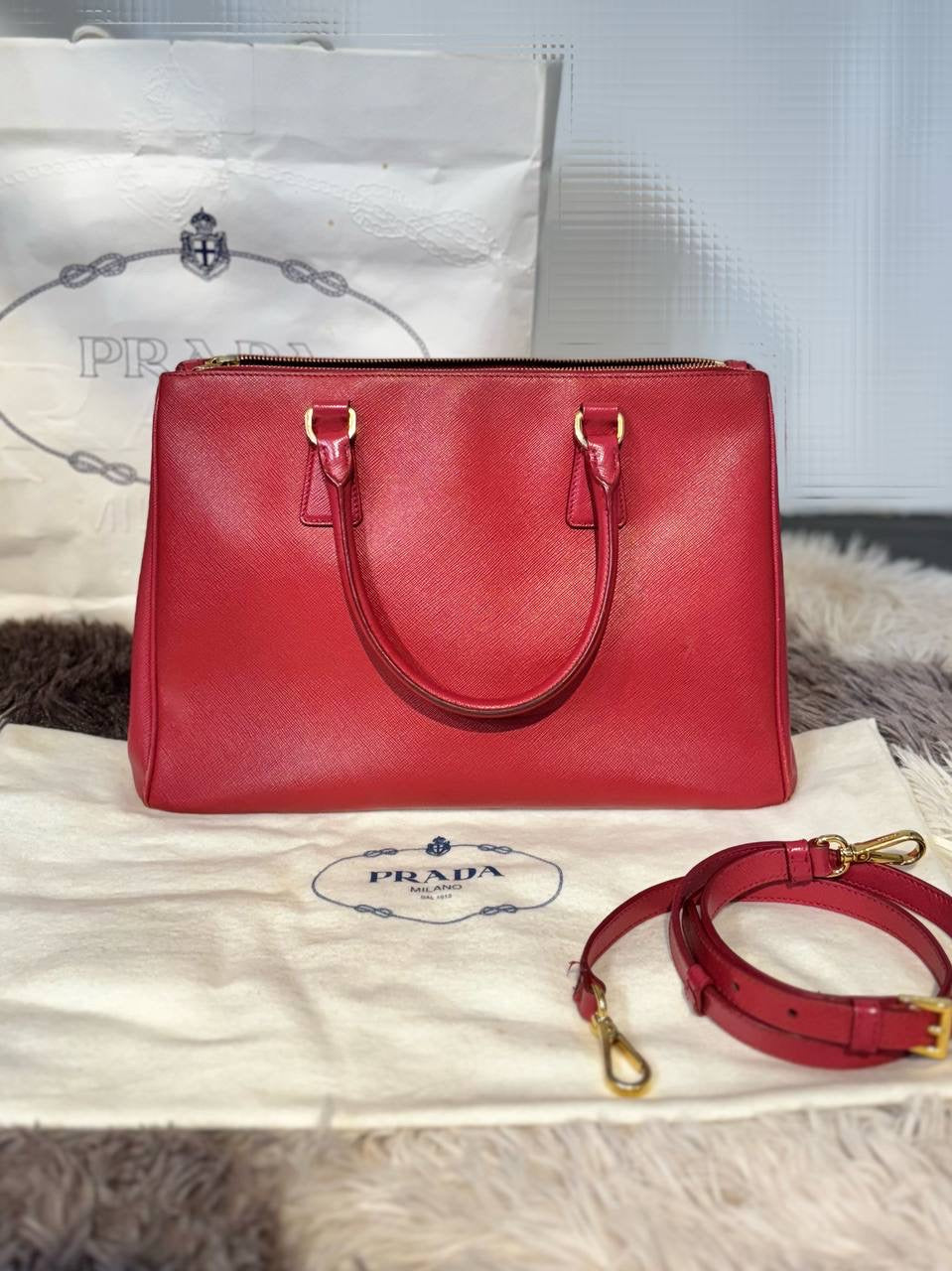 PRADA Saffiano Leather Lux Double Zip Medium Tote Handbag