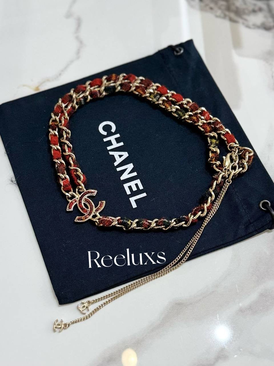 CHANEL Paris Edinburgh CC Pendant Necklace With A Red Tartan Woven Chain