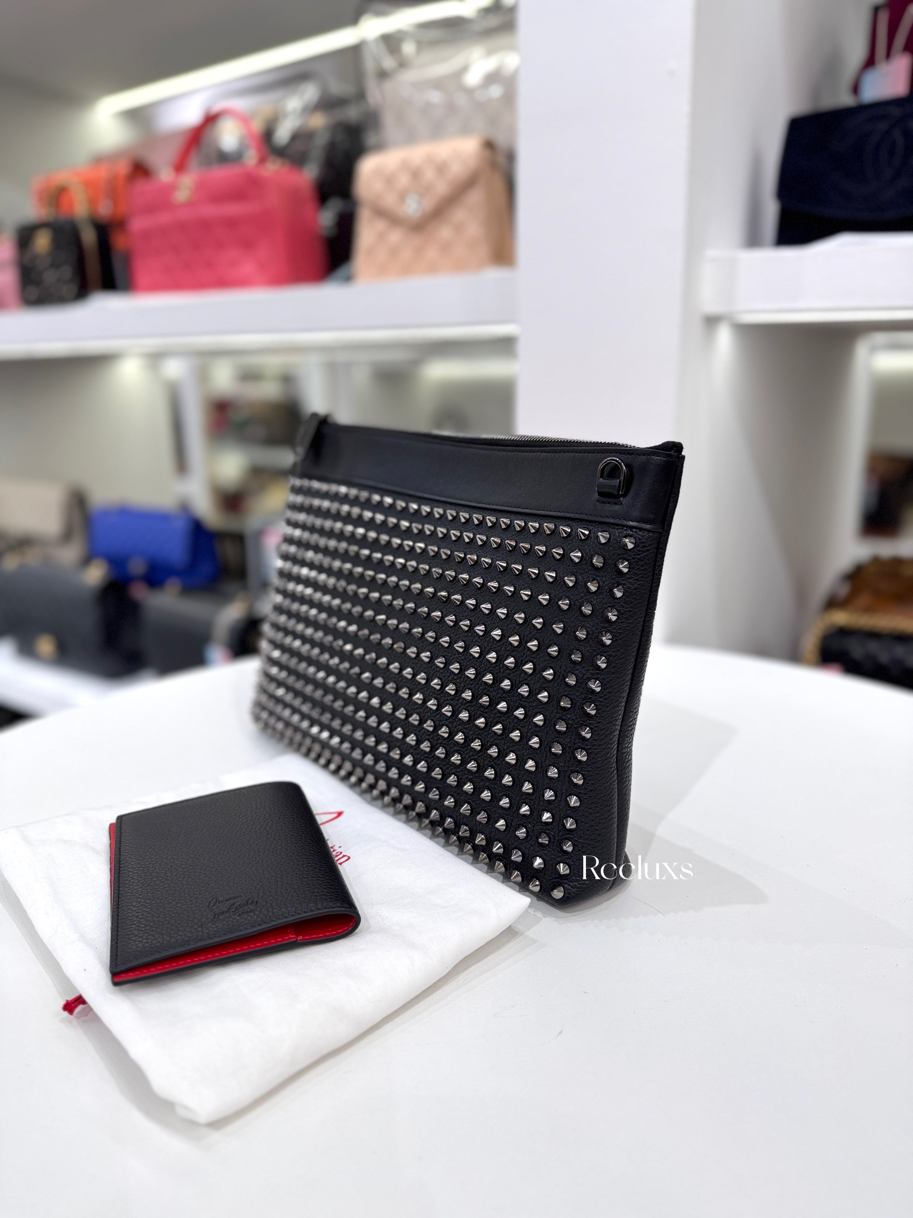 CHRISTIAN LOUBOUTINE Funky Spiked Leather Pouch In Black