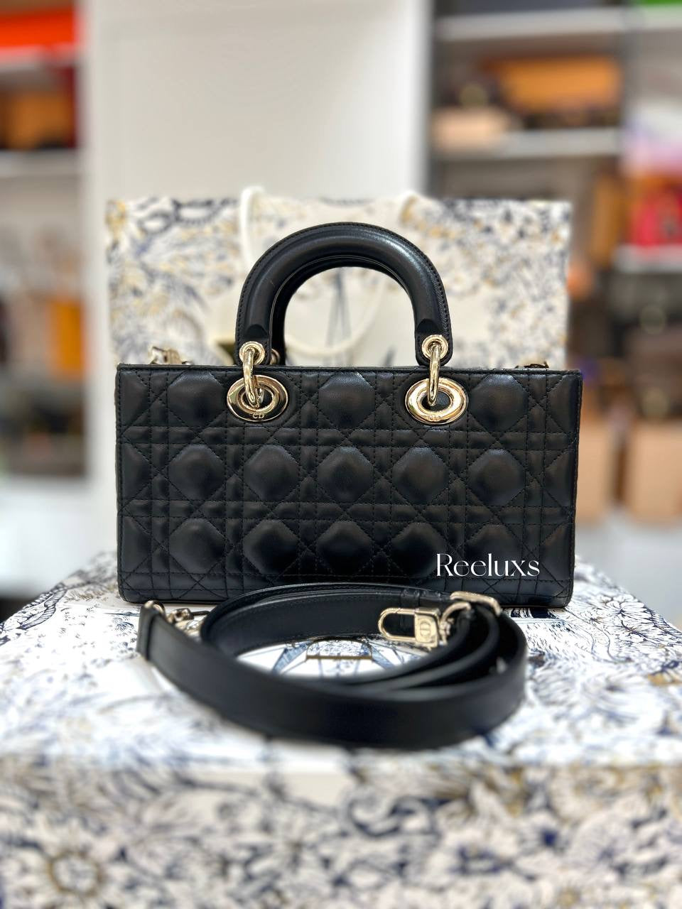 Full Set  DIOR-Medium Lady D-Joy Bag Black Cannage Calfskin with Diamond Motif