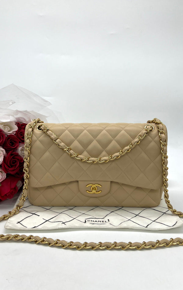 As New CHANEL Beige Colour Classic Flap Jumbo in Lambskin with gold hardware Women's Shoulder Bag - Reeluxs 