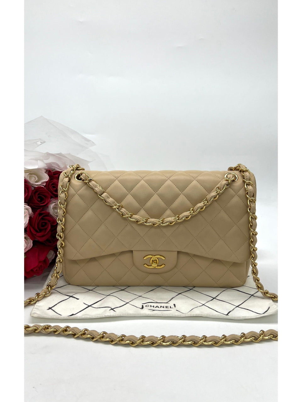 As New CHANEL Beige Colour Classic Flap Jumbo in Lambskin with gold hardware Women's Shoulder Bag - Reeluxs 