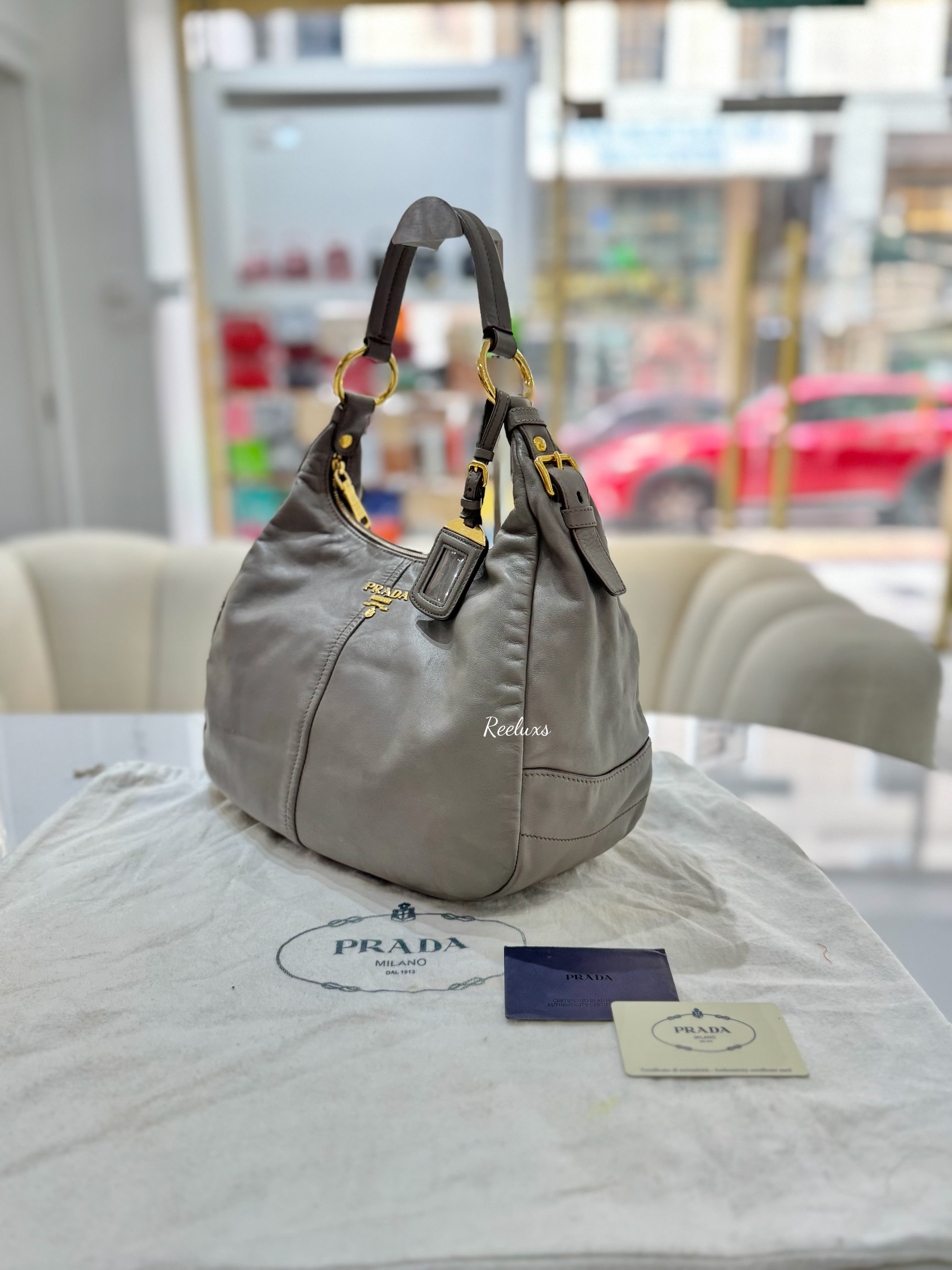 PRADA Gray Vitello Danio Hobo Bag