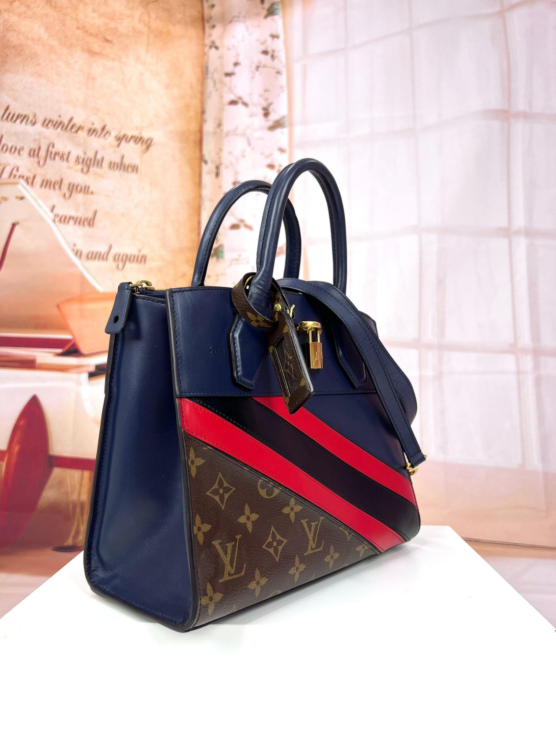 LOUIS VUITTON Calfskin Monogram Striped City Steamer PM Blue Hand & Shoulder Bag - Reeluxs 