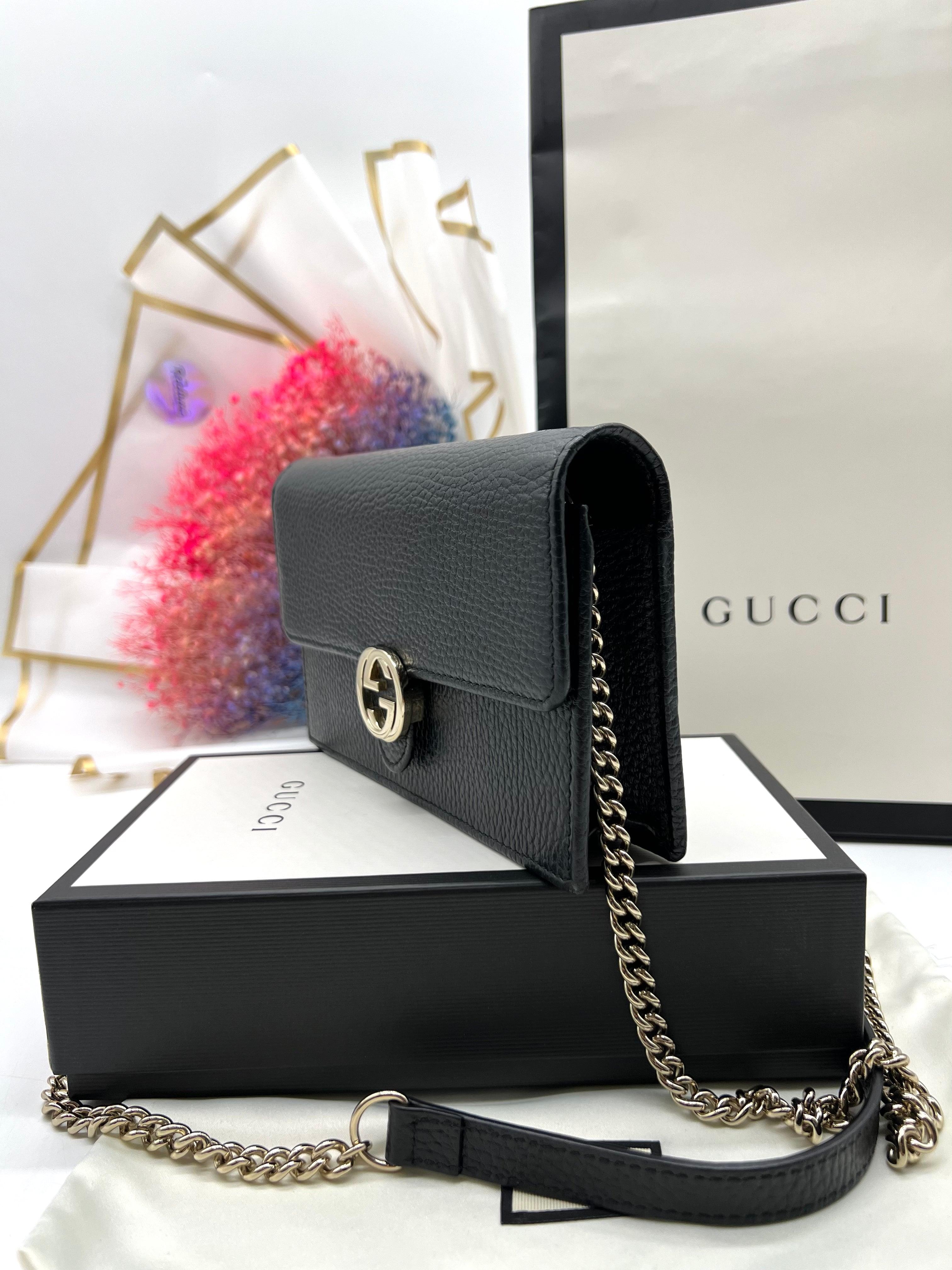 GUCCI Icon GG Interlocking Wallet On Chain Black Crossbody Bag 615523 Black - Reeluxs 