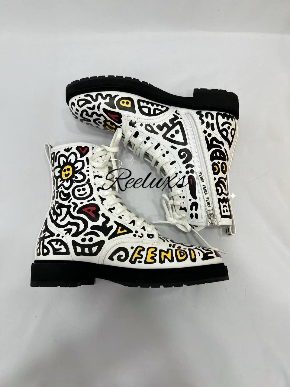 FENDI Mr Doodle Logo Graffiti Print Laced Combat Ankle Boot White