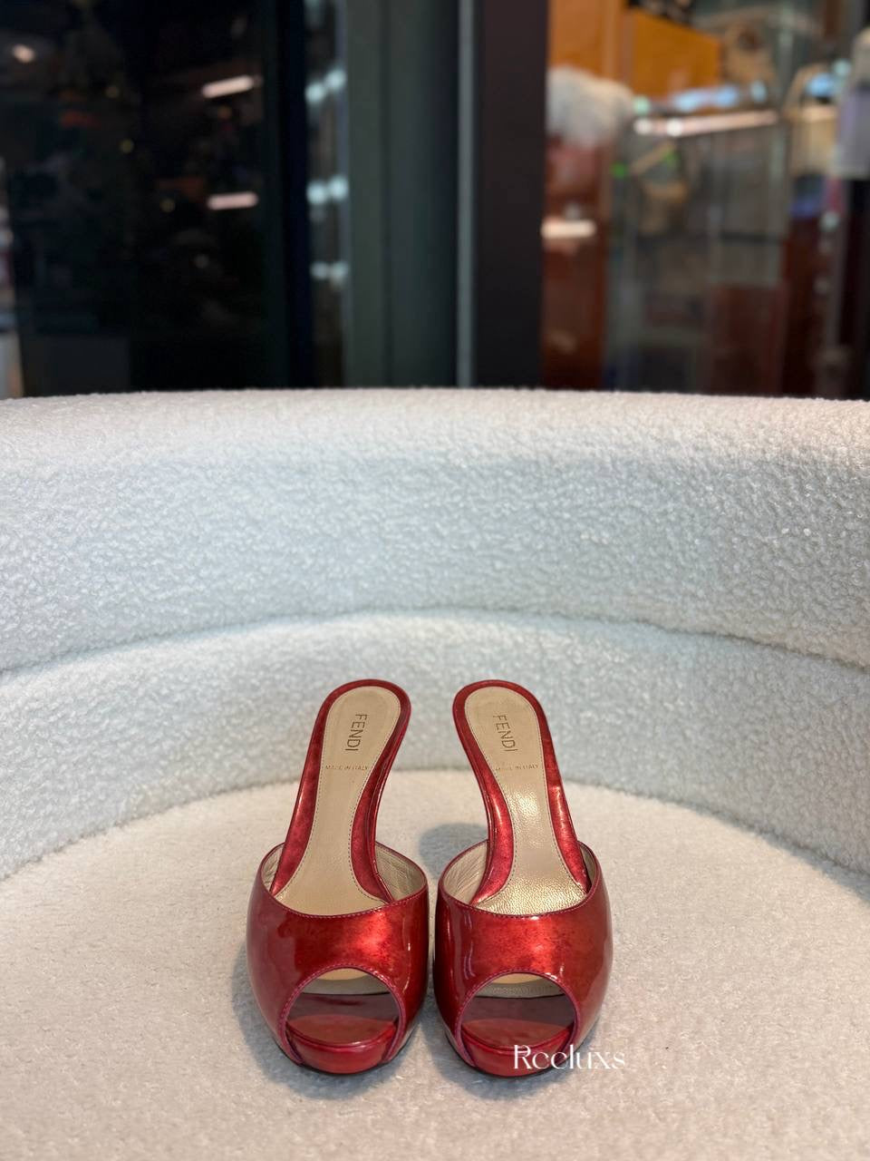 Fendi Burgundy Patent Leather FF Superstar Peep Toe Mule Slides