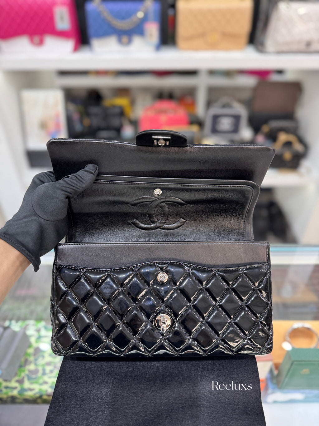 CHANEL Black Quilted Patent Leather Classic Medium Double Flap Bag