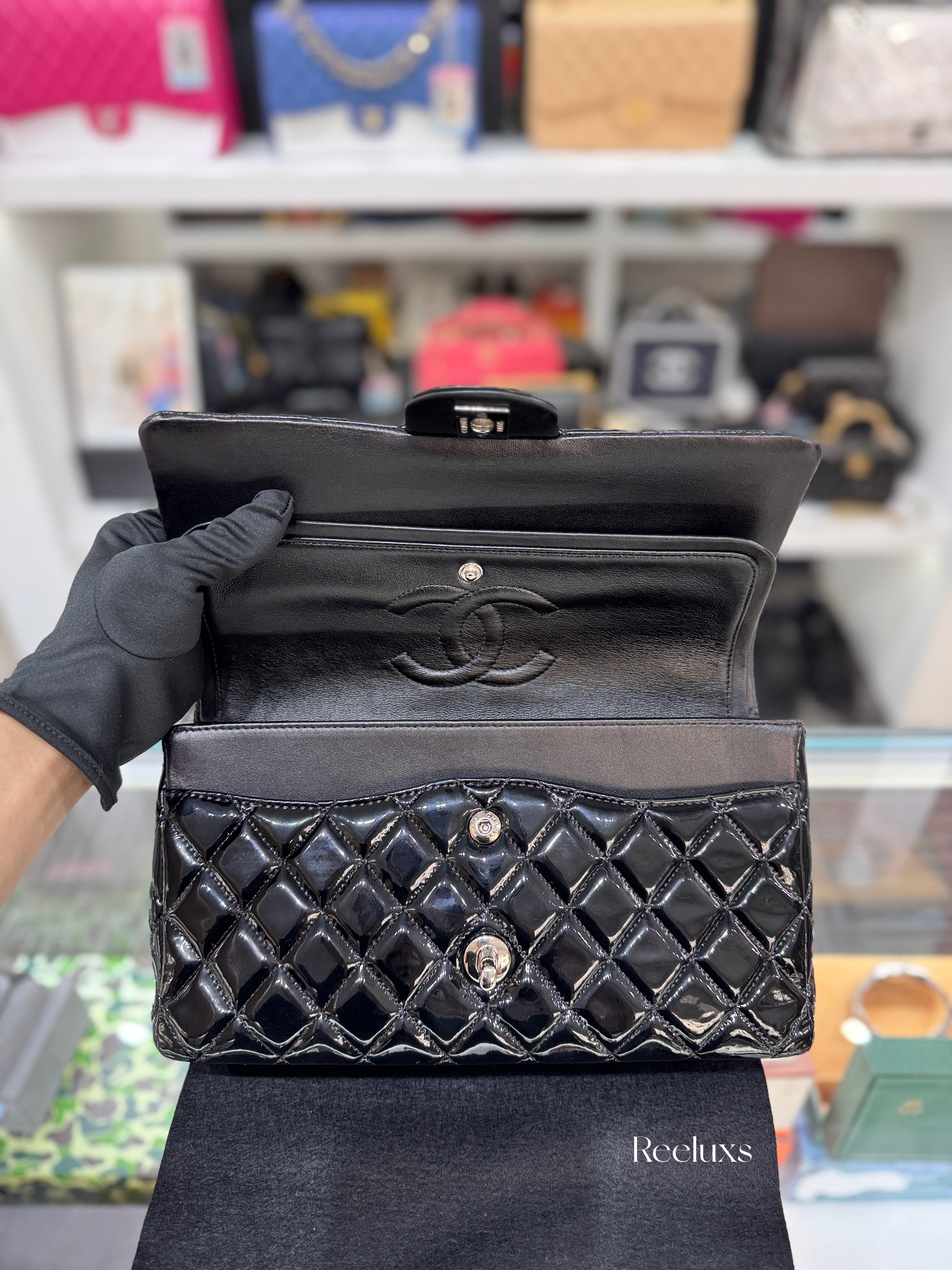 CHANEL Black Quilted Patent Leather Classic Medium Double Flap Bag
