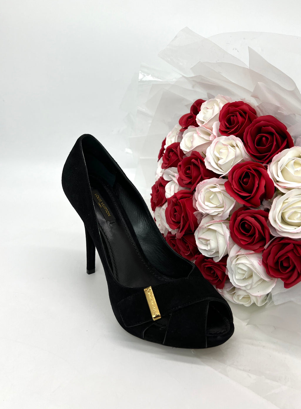 Louis Vuitton Black Nubuck Peep Toe Pumps Gold Logo Size 36 1/2 - Reeluxs 