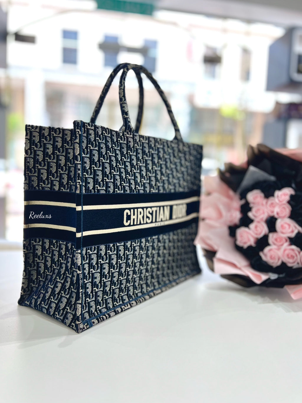 CHRISTIAN DIOR Large Dior Book Tote Blue Oblique Embroidery