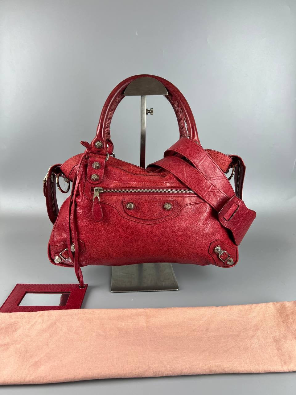 BALENCIAGA The City 2- way Leather Handbag Sling Bag Red